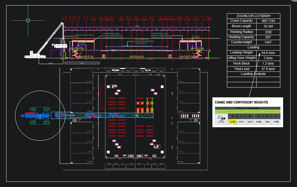 A CAD-based 3D lift plan showing a crane's position on a construction site.