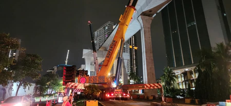 A 700-ton mobile crane performing a heavy lift for an infrastructure project.